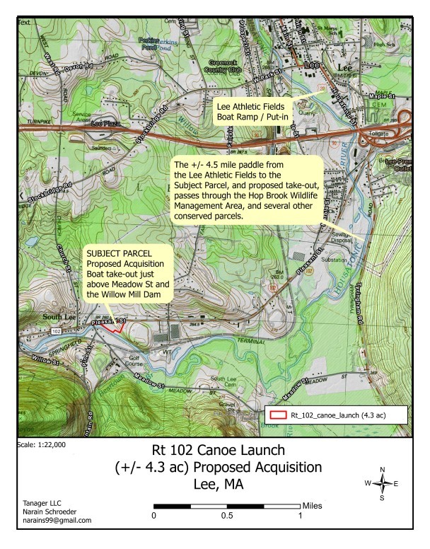 Map of the Housatonic River that includes a paddling put-in site at the Lee Athletic Fields and the new canoe take-out site in South Lee, MA.