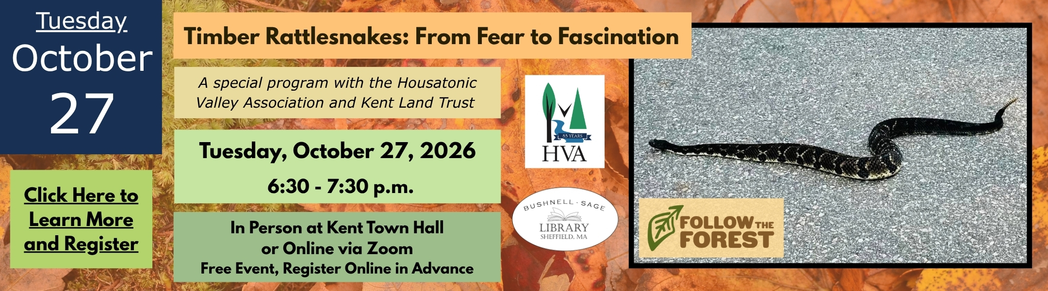 HVA and KLT host Timber Rattlesnakes: From Fear to Fascination at the Kent Town Hall on October 27, 2026.