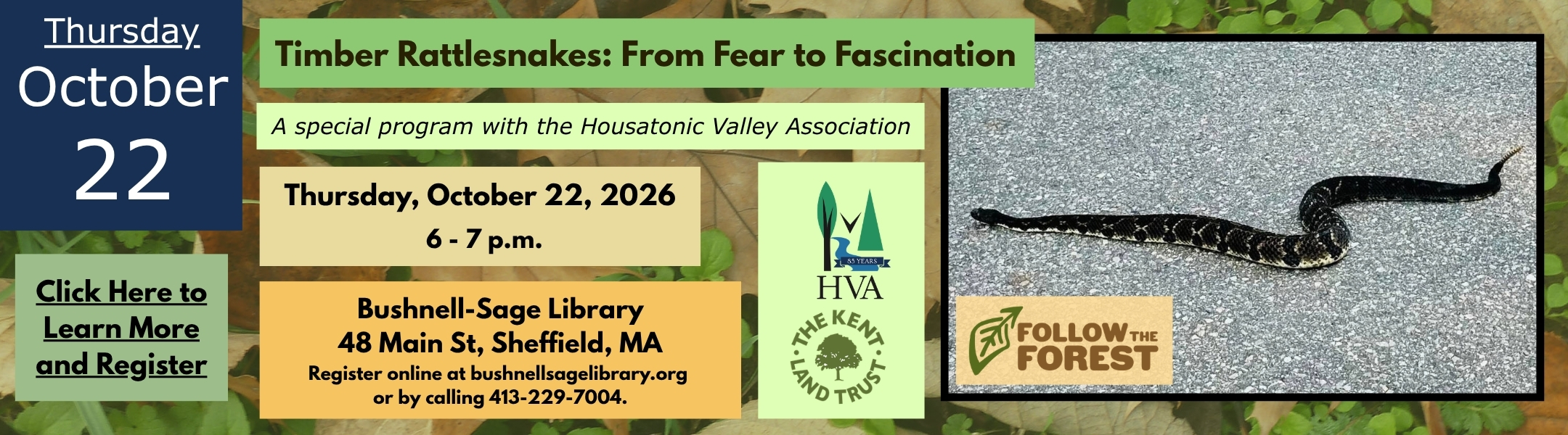 HVA hosts Timber Rattlesnakes: From Fear to Fascination at the Bushnell-Sage Library on October 22, 2026.