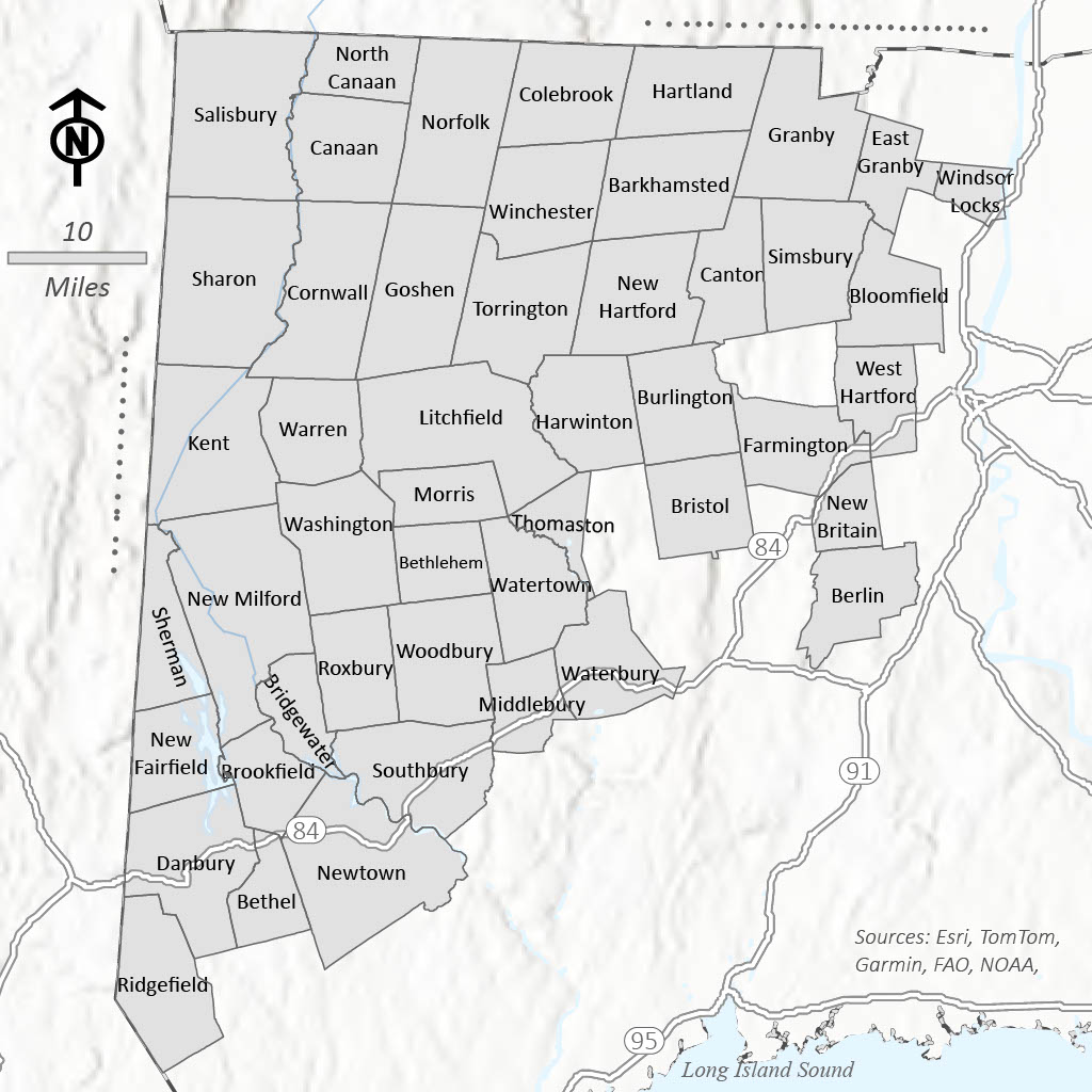 Map of Connecticut towns eligible for funding via the federal Highlands Conservation Act grant program.